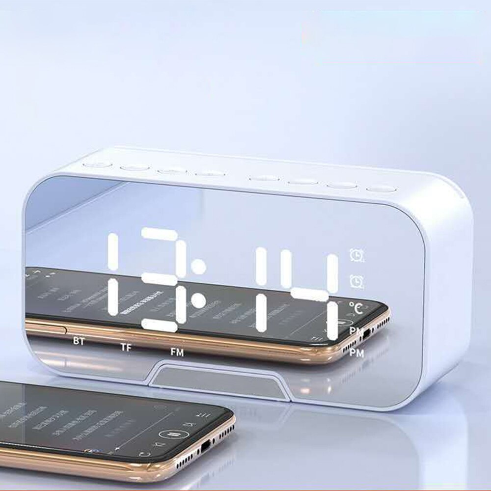 Smart Digital Alarm Clock Multifunction Music Player Bluetooth 5.0 Voice Call FM Radio Temperature Mirror Table Clock: White