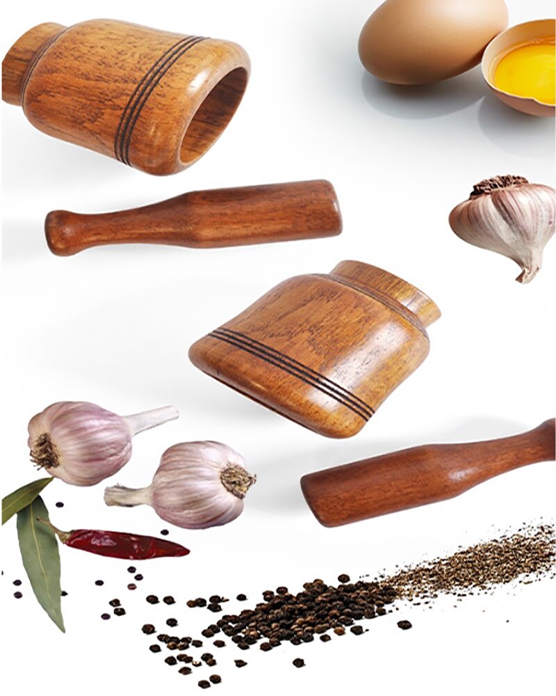 Bonsde Knoflook Jar Mortel Oude Mode Houten Grinder Ronde Glad Hand Gepolijst Stamper Set Voor Grind Kruiden Kruiden Korrels Peper