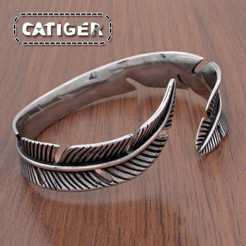Brazalete abierto Vintage con forma de pluma de acero inoxidable 316L para hombre o mujer, joyería de Rock de estilo clásico Retro