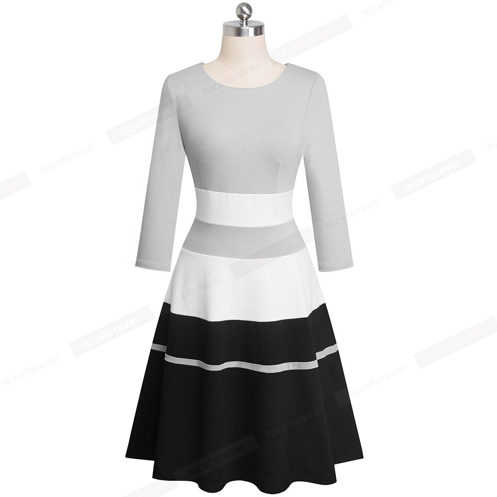 Nice-forever Retro Contrast Kleur Patchwork vestidos Business Party Flare A-lijn Vrouwen Winter Jurk A173
