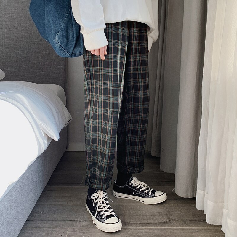 Pantalones holgados a rayas para hombre, pantalón informal a cuadros, coreano, para correr,: M