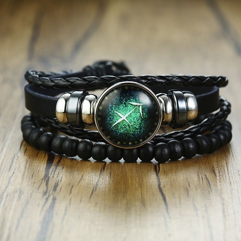 Boogschutter Horoscoop 12 Twaalf Sterrenbeelden Multilayer Lederen Armband Voor Mannen Verstelbare Armband Vintage Sieraden