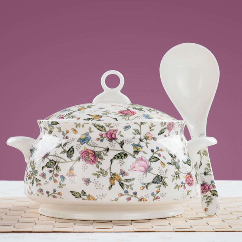 Soupière en porcelaine pour le stockage des aliments, bol de service classique pour le dîner, boîte en porcelaine, grand bol pour la soupe en céramique, 9 pouces: with spoon