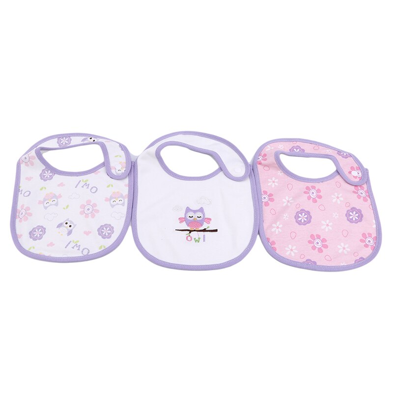 Bavoirs en coton à imprimé de dessin animé pour bébé, mélange de coton, écharpe pour bébé, col de repas, bouton à pression, 3 pièces: Owl