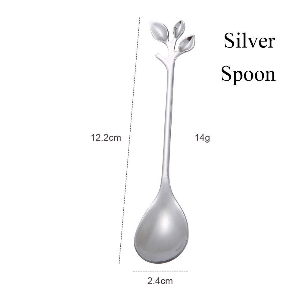 Dessert Utensils Small Branches Leaf Home &amp; Kitchen Coffee Spoon Fruit Fork Upscale Dinnerware Tea Scoops: silver-Spoon