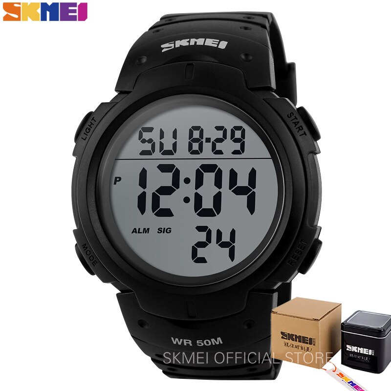 Skmei utendørs sportsklokke herre stor urskive enkle klokker kalender pu stropp 5 bar vanntett digital klokke reloj hombre 1068: Med boks