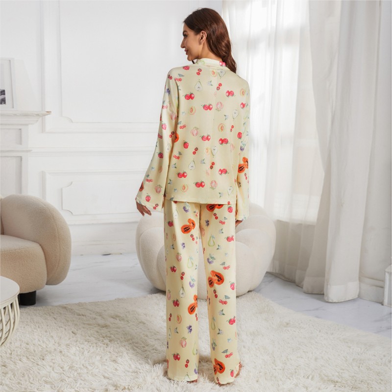 Dame afslappet gul pyjamassæt langærmet knaplukning skjortelomme blomsterprint frugtprint løse vide ben bukser pyjamas s-xxl