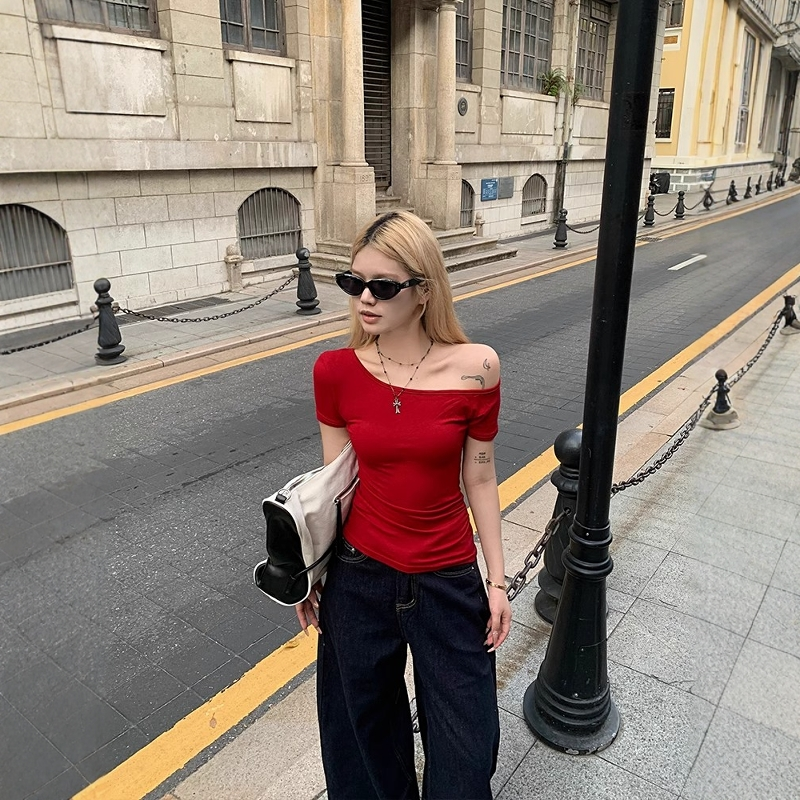 Slanted Collar Off Shoulder Short Sleeved T-shirt for Women Summer Slim Fit Spice Girl Streetwear Chic Y2k Top