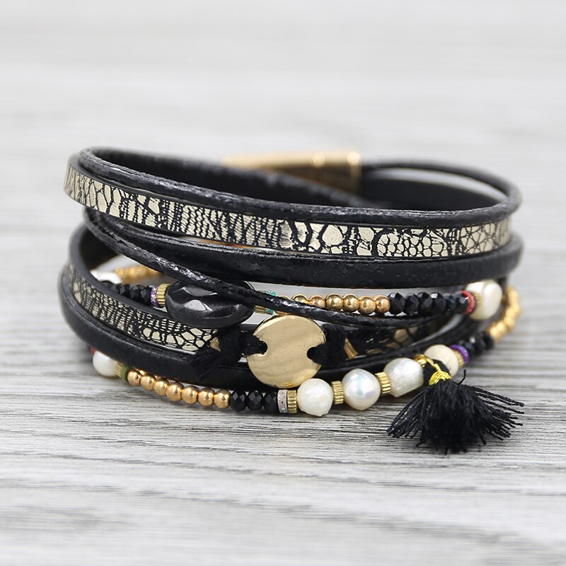 STRATHSPEY-Pulseras envolventes multicapa para mujer, pulsera de cuero con estampado de animales, brazalete Vintage de diamantes de imitación, joyería de cebra: Black