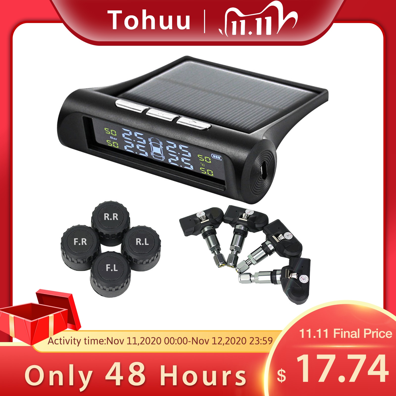1Set Car TPMS Tire Pressure Monitoring System Solar With External And Internal Sensors Real-time Display 6 Alarm Modes