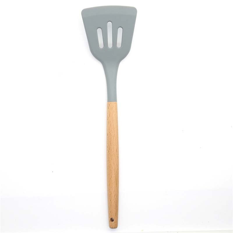Wooden Handle Silicone Kitchenware Set Non-stick Cookware Cooking Spoon Frying Spatula Colander Kitchen Accessories Baking Tools: Leak shovel