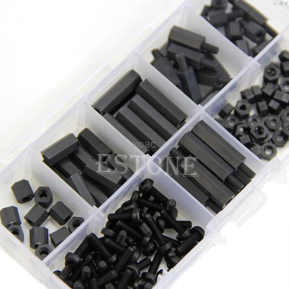 160 Uds M3 Nylon negro M-F Hex bola Kit surtido de tuercas de tornillo de soporte de caja de juego de M08