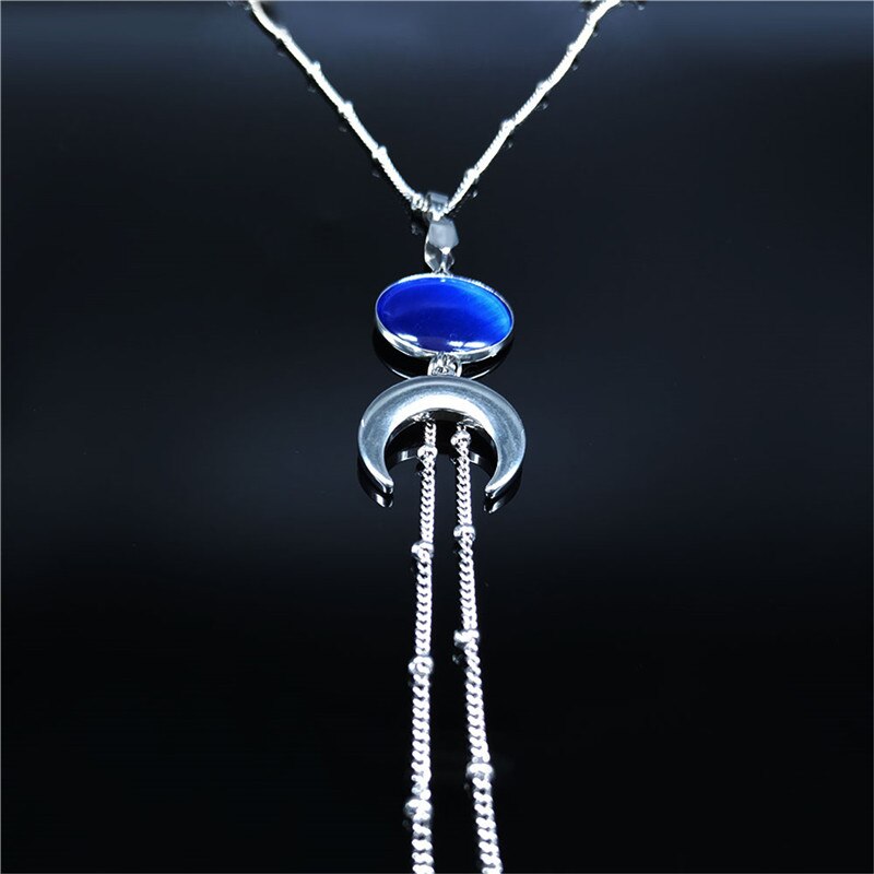 Blue Opal Rvs Verklaring Ketting Vrouwen Zilveren Kleur Hekserij Lange Kwast Maan Ketting Sieraden Colar N20312