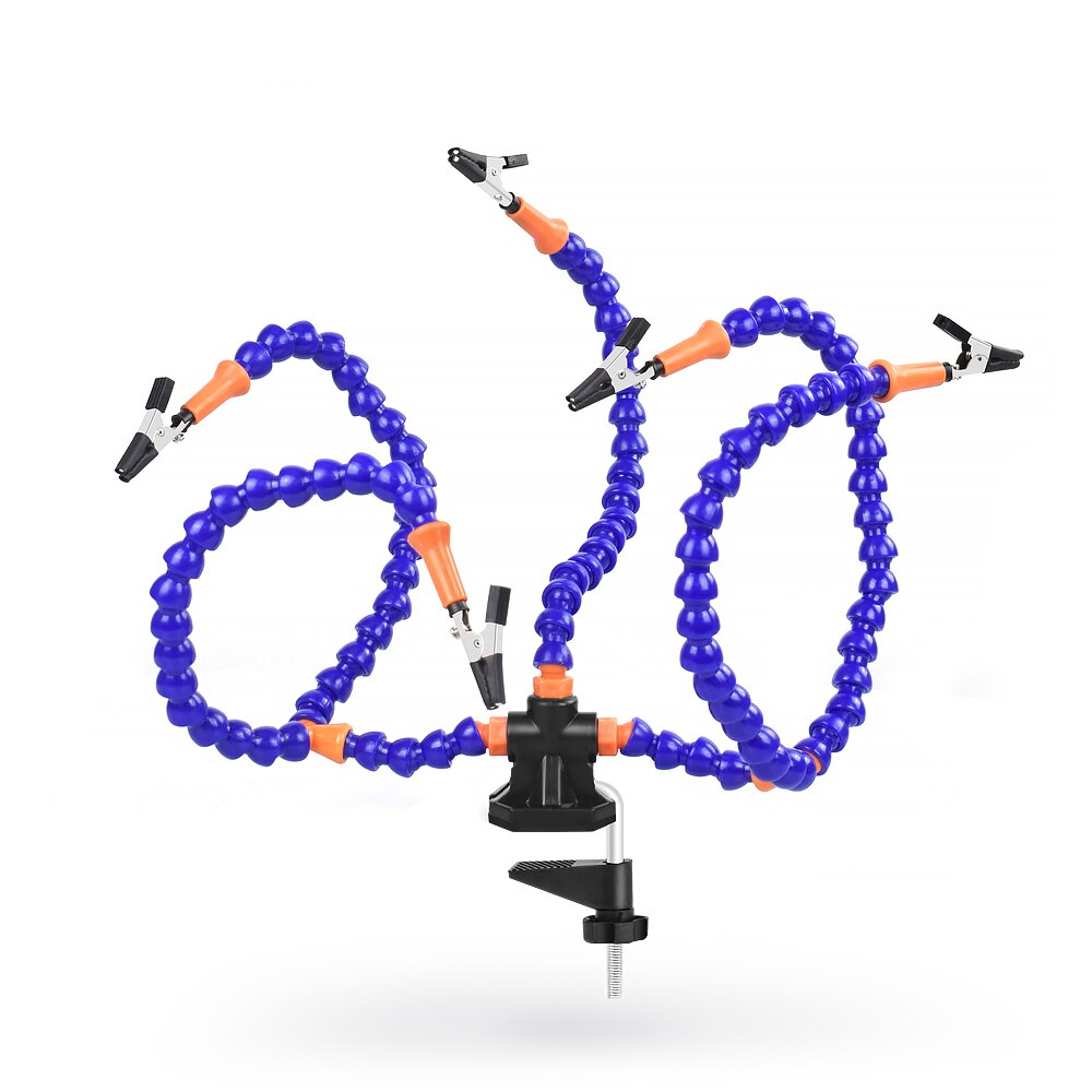 NEWACALOX Desk Clip PCB Soldering Holder 3X Magnifier with LED Light Welding Helping Hand Flexible Arm Soldering Third Hand Tool: Blue Welding Stand