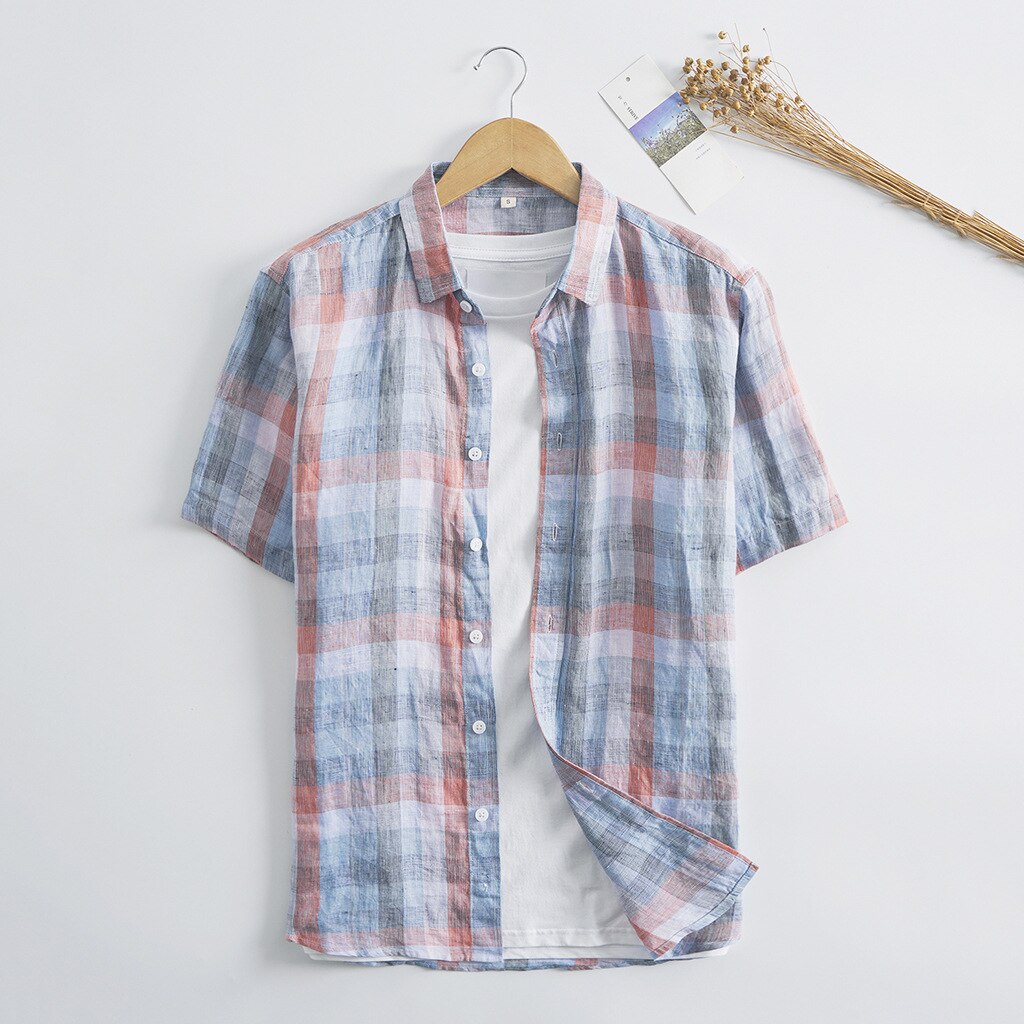 Männer Sommer Hemden 100% Flachs Plaid lässig Herren Kurzarm T Shirt Herren Kleidung Herbst Männlichen oben leinen Hemd