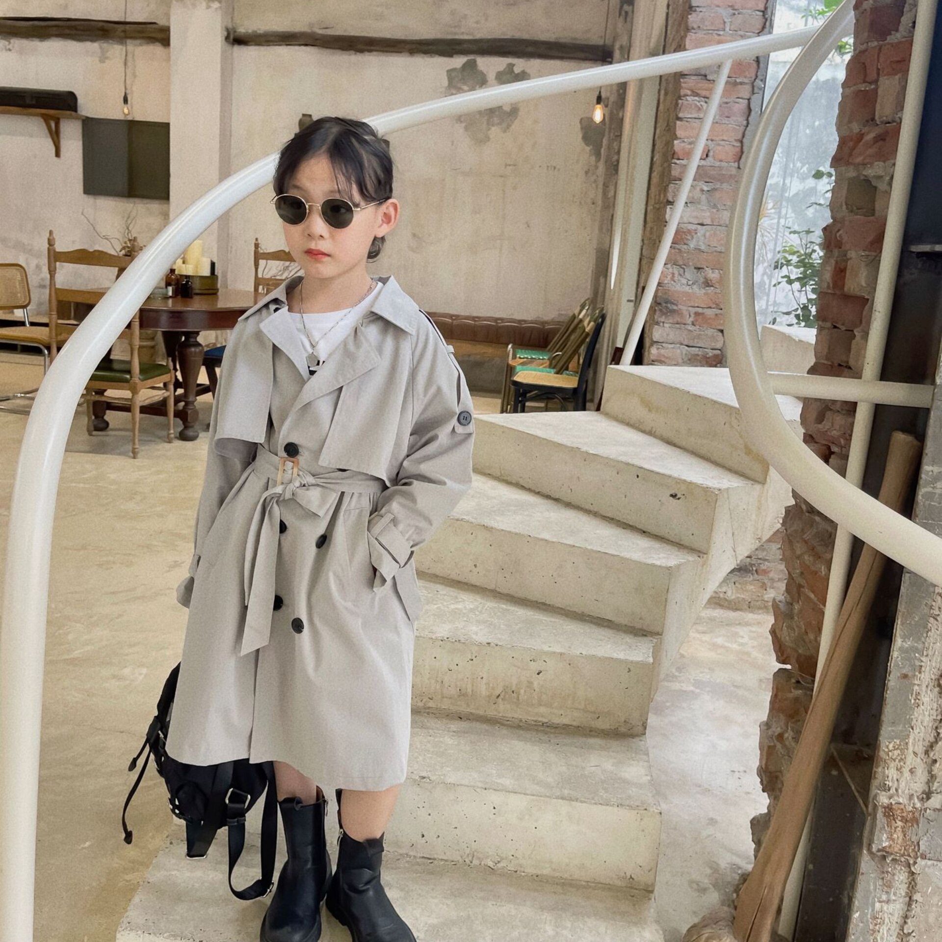 Autumn Girls&#39; Korean Loose Casual Temperament Mid Long Frenulum Style Trench Coat Teenagers Girls Trench Coat