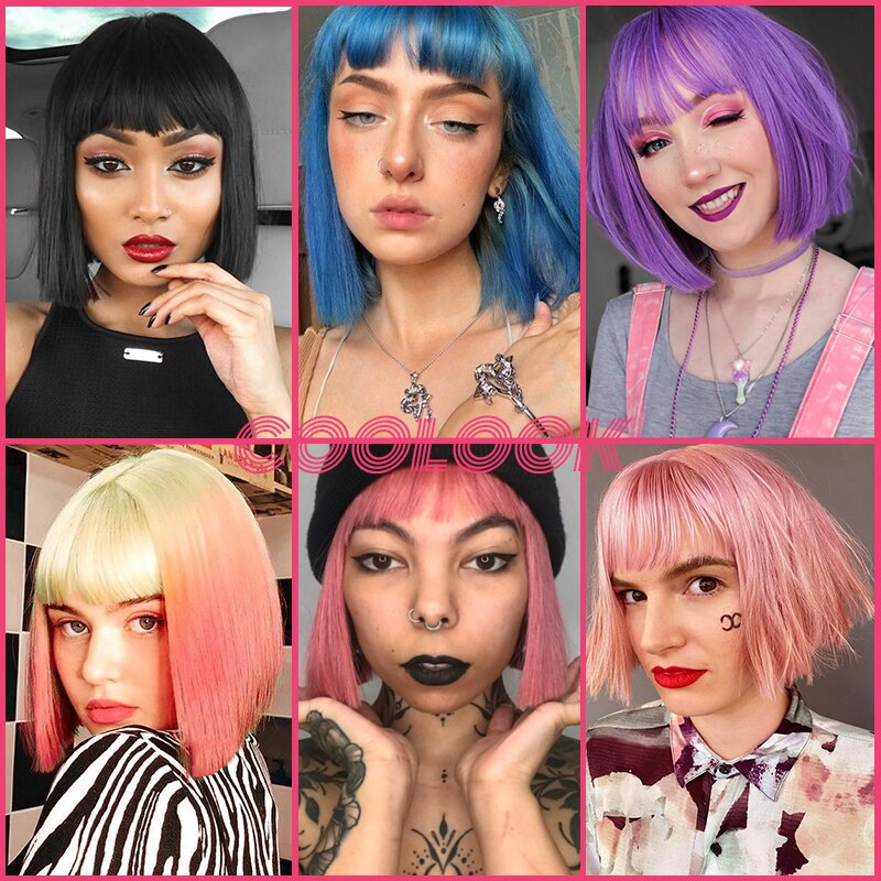 Perruque de Cosplay synthétique lisse et courte avec frange pour femmes noires, 12 pouces, rose, blond mélangé