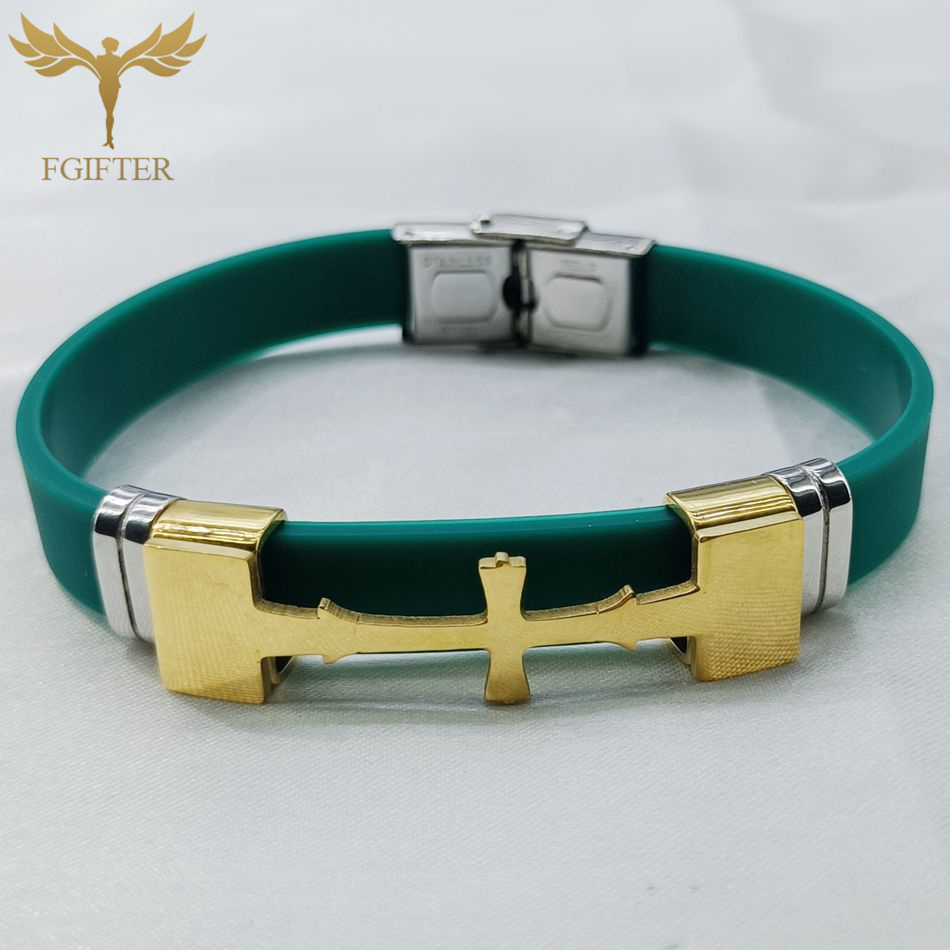 Guldfarvet rustfrit stål kors symbol tilbehør armbånd flere farver gummi armbånd kristen religion smykker: 21cm / Vermeil