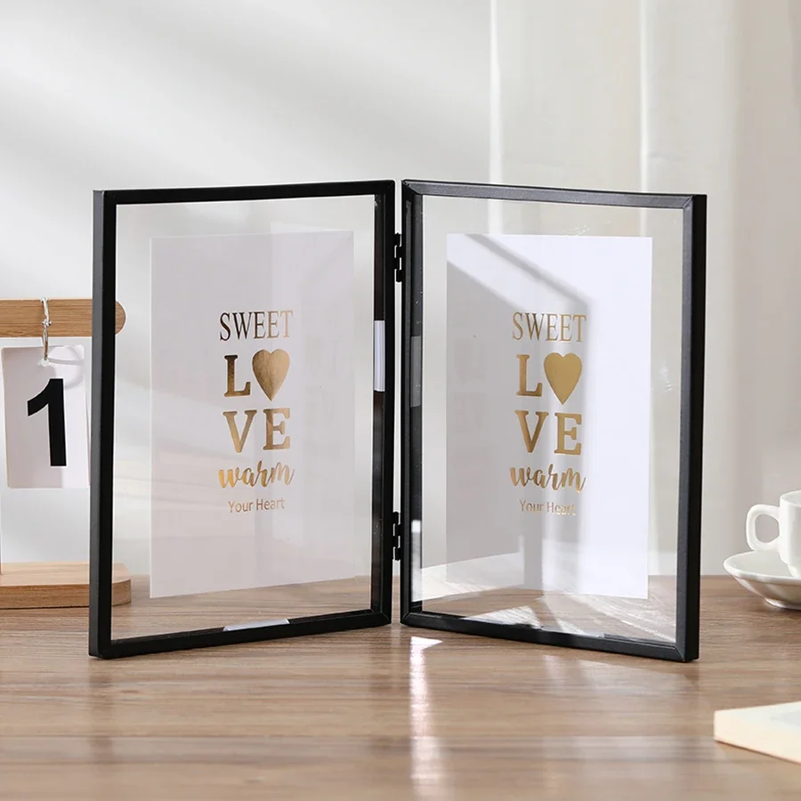 1 marco de fotos dúplex de metal plegable, marco de fotos transparente acrílico dorado y negro, marco de decoración de fotos para habitación, decoración del hogar: 7 pulgadas / YELLOW