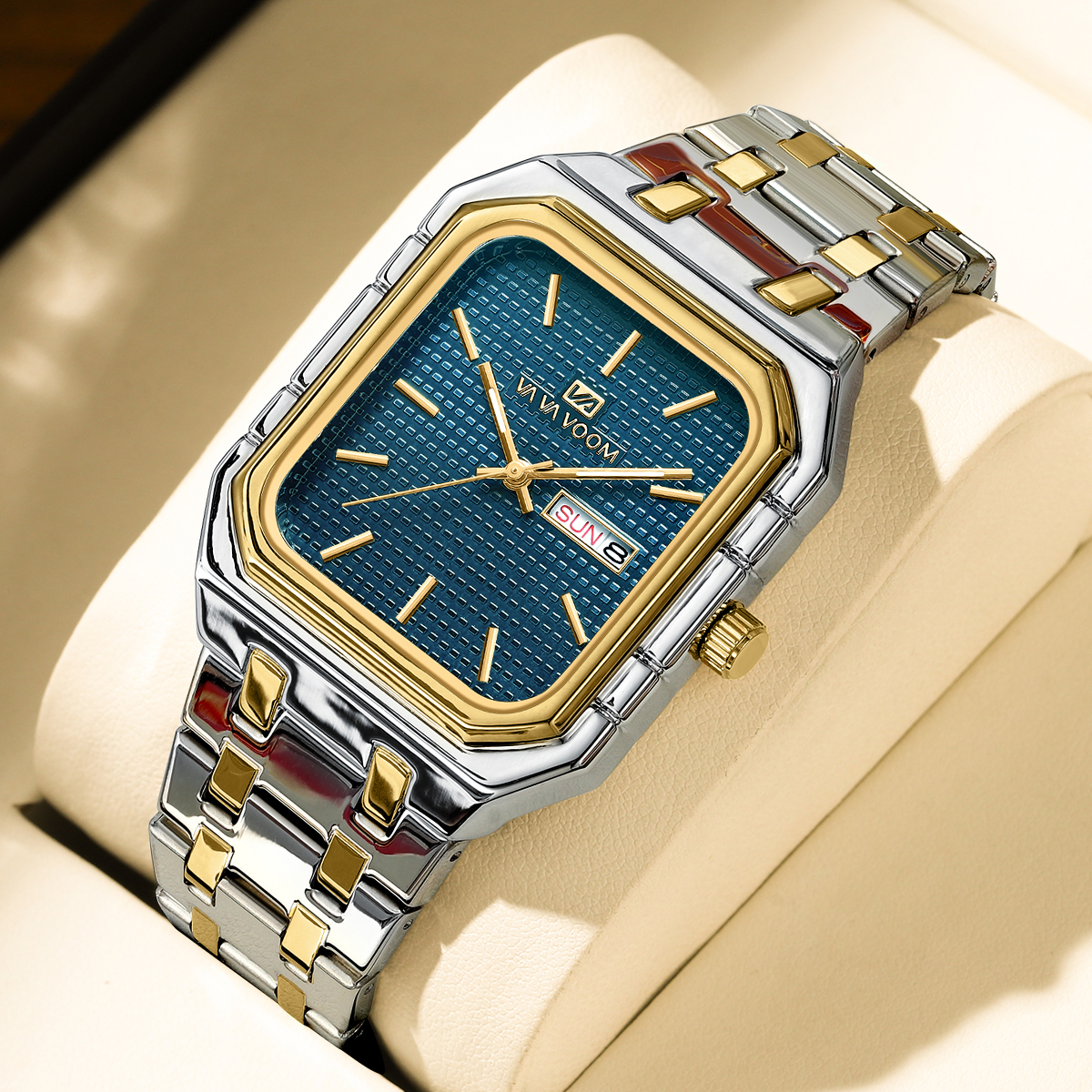 Vierkant herenhorloge met modieuze luxe zakelijke roestvrijstalen band blauw goud originele quartz herenhorloges met dubbele kalender