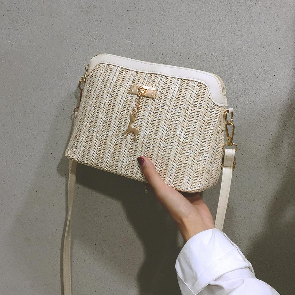 Zomer Stro Crossbody Tassen Voor Vrouwen Handgemaakte Geweven Shell Tas Pu Lederen Boho Zakken Vrouwelijke Bohemen Strand Schoudertas