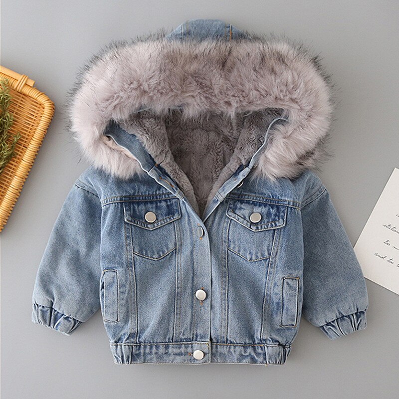 Baby Winter Jas Bontkraag Denim Jas Voor Peuter Jongens Meisjes Mode Warme Katoenen Jas Voor Kinderen Kinderen Dikker Kleding