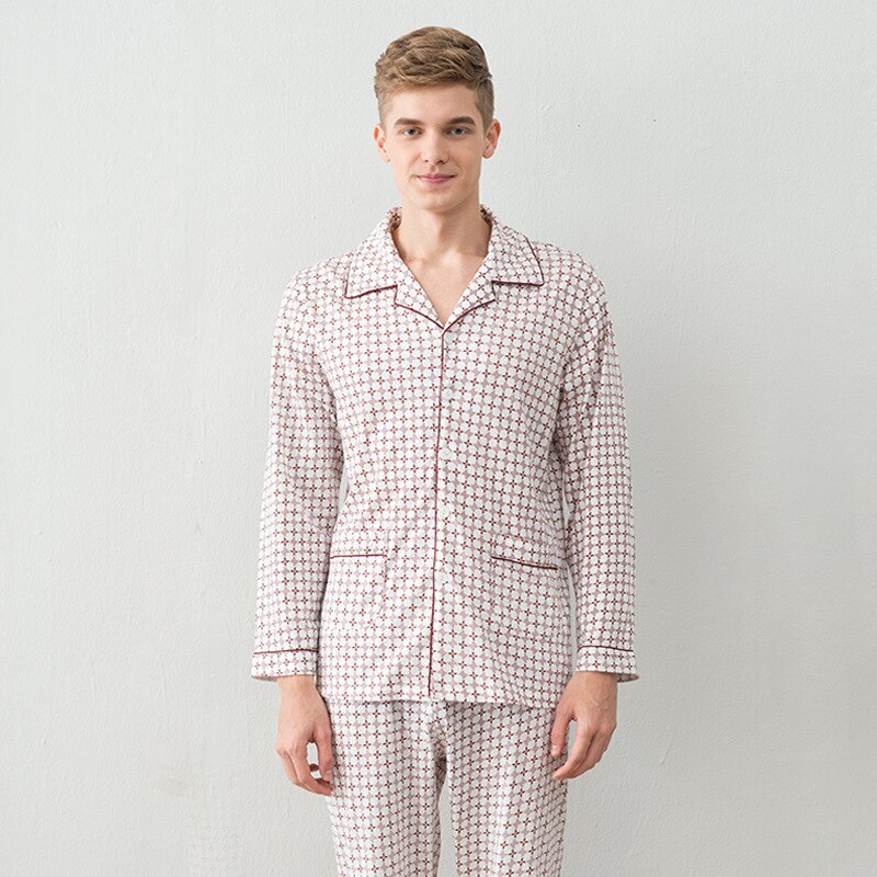 100% katoen Mannen pyjama set lente en herfst mannen pyjama Turn-down kraag lange mouwen nachtkleding nachtkleding thuis kleding