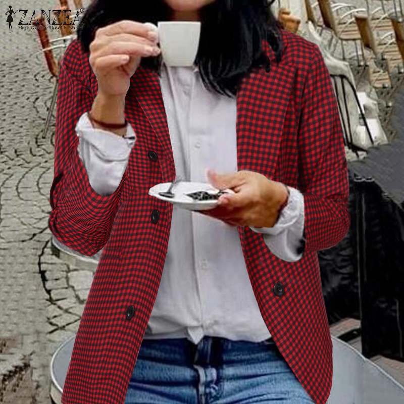 Zanzea kvinner rutete rutete blazer kontor dame uformelle lommer blazer feminino jakkeslag knapper chaqueta yttertøy pluss str.