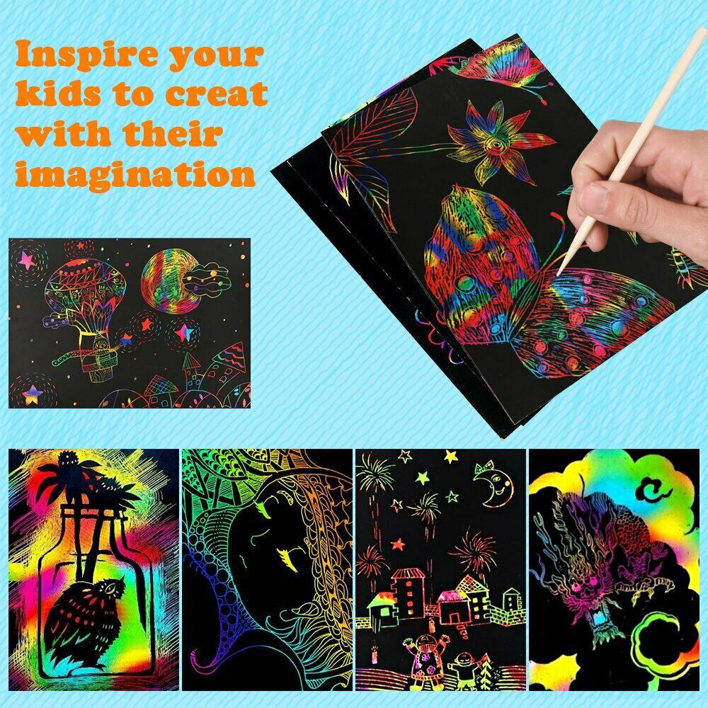 50 Sheets Scratch Art Paper Magic Rainbow Schilderen Doodle Boards 5 Houten Stylus