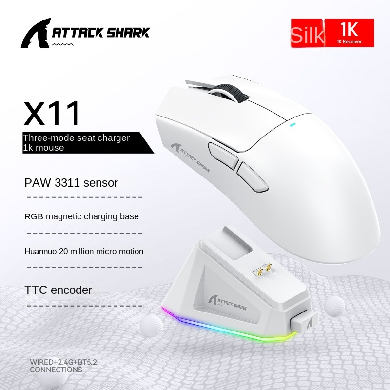 Attack Shark X11 PAW3311 ratón Bluetooth, conectividad de modo Triple, base de carga magnética táctil, ratón para juegos ultraligero: Morado