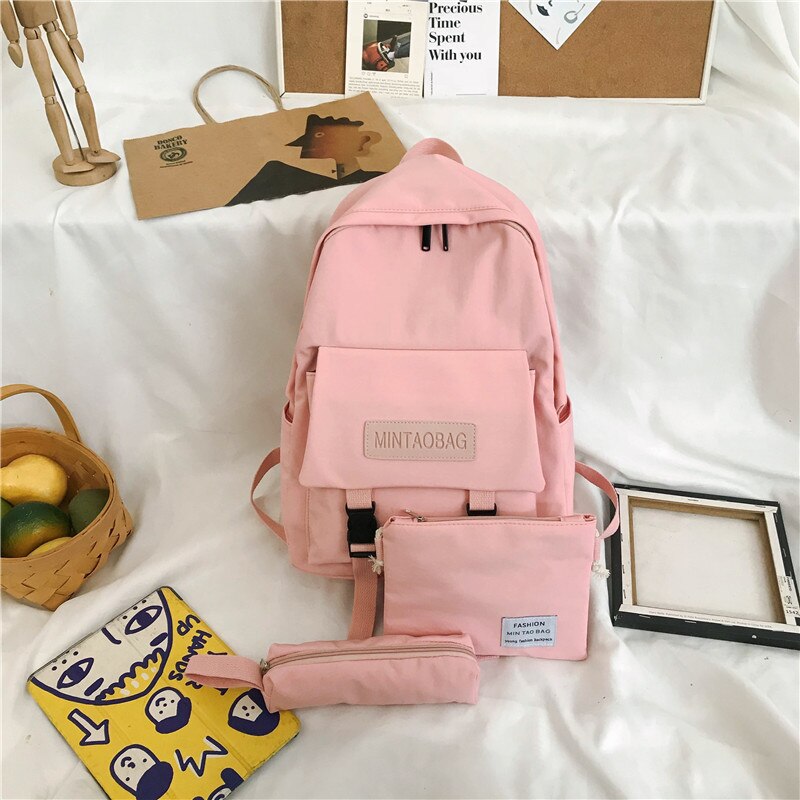 3set Solid Color School Bags Casual Women Backpack Shoulder Bag School Bags For Teenager Girl Mochilas Female Backpack