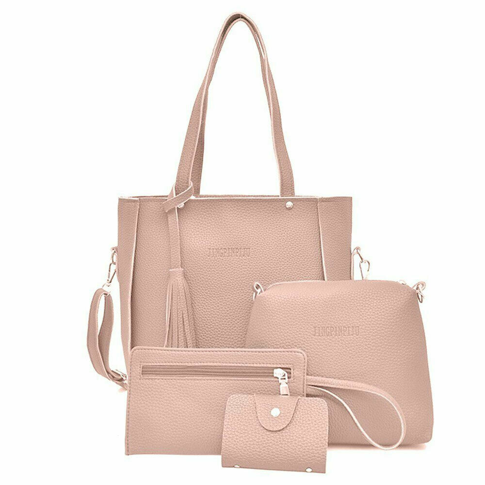4Pcs Set Women Lychee Pattern Mother-child Four-piece Handbag Messenger Bag Wild Mini Bucket Tassel Single Shoulder: Pink