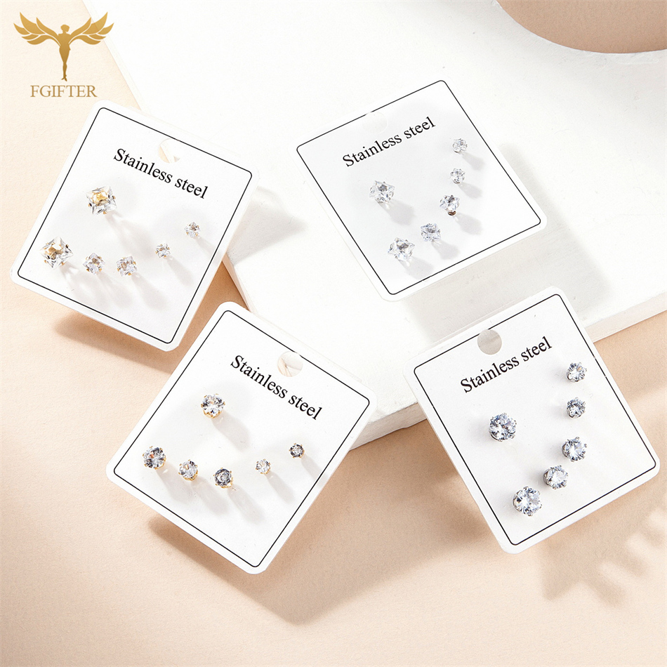 Juego de 3 pares de pendientes de cristal de acero inoxidable para mujer, aretes geométricos de circonita cúbica, joyería para Piercing de lóbulo de Color dorado y plateado