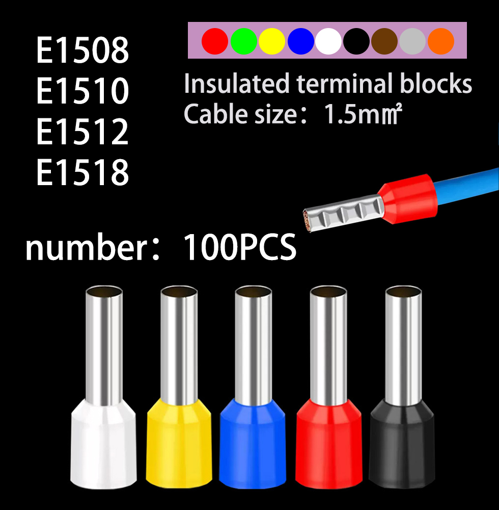 100 unids/pack E1508 E1510 E1512 E1518 virolas aisladas 1,5 mm2 bloque de terminales extremo del cable conector de cable terminador de engarzado eléctrico