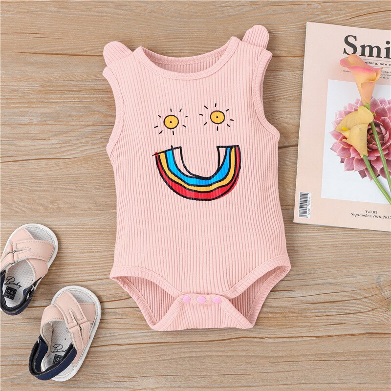 Style Fille Et garçon Sans Manches Gilet Body Bande Dessinée Arc-En-Ciel Et Soleil Impression enfants Sac Pet Vêtements De Sport: pink / 24m