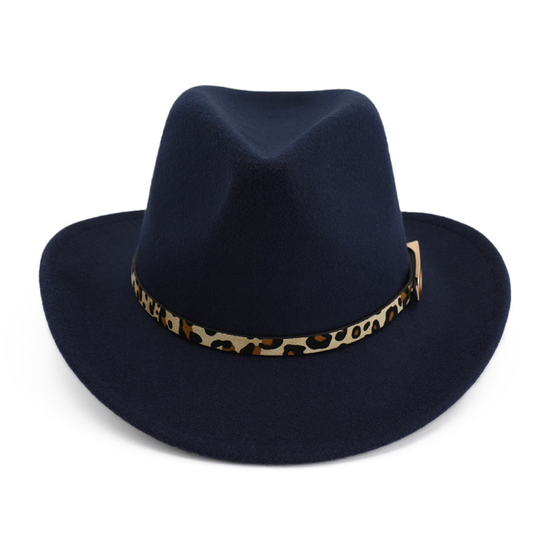 Leopard-print bæltespænde dekoreret western cowboy hat mænd kvinder rulle kant rand filt jazz fedora hatte panama sombrero