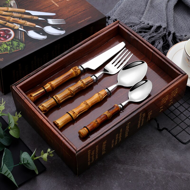 4-24Pcs Natural Bamboo Tableware Set Stainless Steel Includes Fork Knife Spoon Set Flatware With Box Dinnerware Cutlery Set