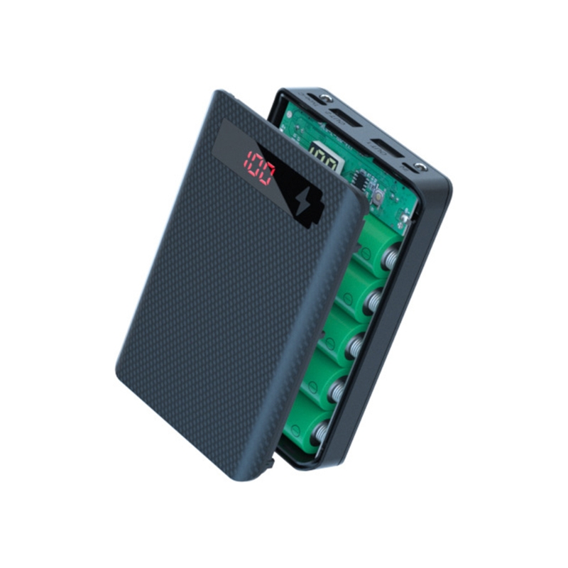 Multifunctional Power Bank Shell Charger Box with 2 USB Output Ports 5 Slot Batteries Container DIY Case