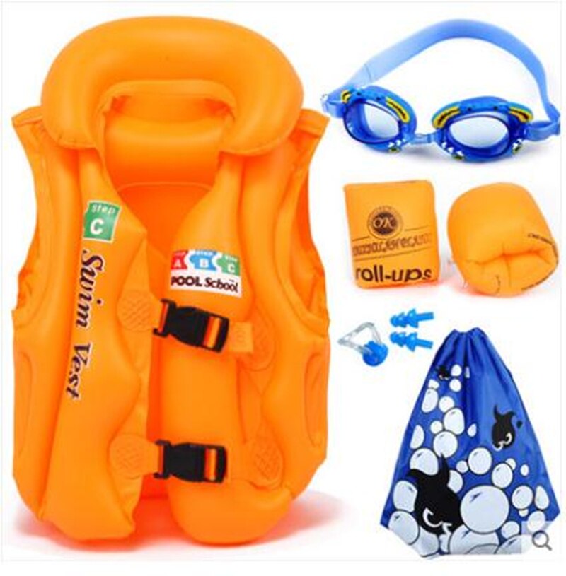 Children Swimming Vest Inflatable Floating Sleeves Goggles Nasal Congestion Earplugs Bag Full Set Buoyancy Lifevest Pool Fishing: Orange Set / L