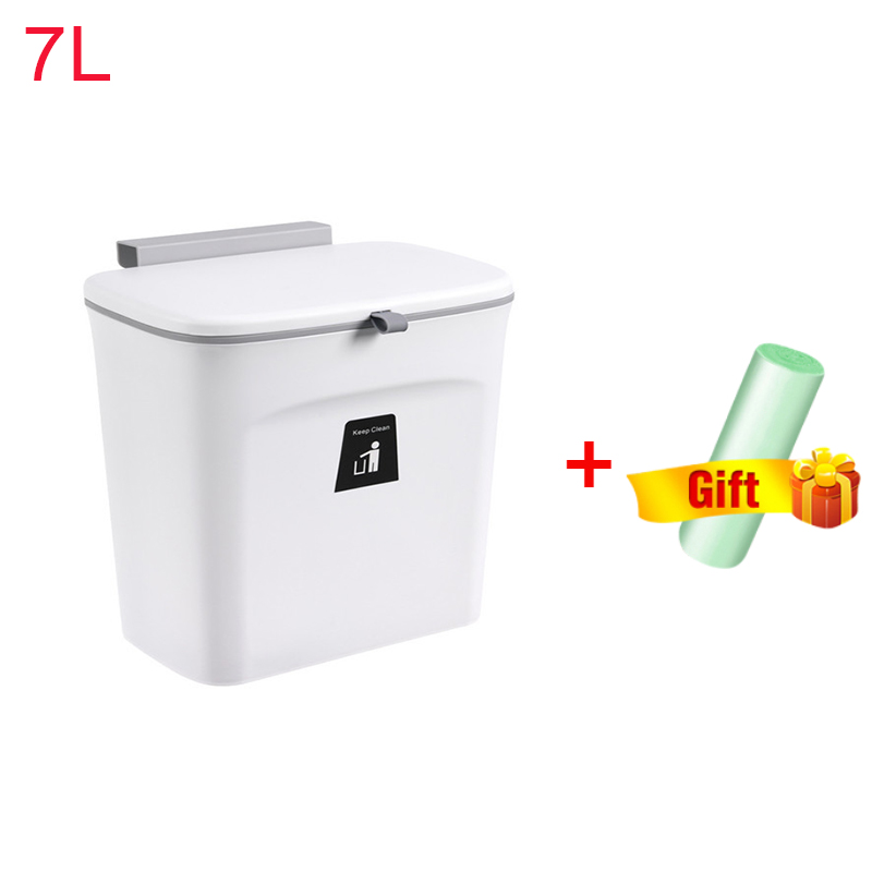 7/9L Hanging Trash Can For Kitchen Large Capacity Kitchen Recycling Garbage Basket Bathroom Wall Mounted Trash Bin With Lid: 7L White