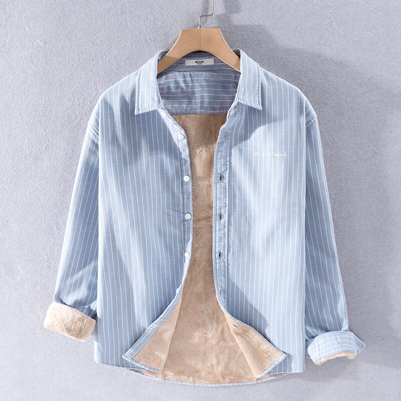 Efterår og vinter stil stribet plus fløjl varm skjorte herre casual skjorter til mænd langærmet stribet skjorte herre: Blå / Xxl (asiatisk størrelse)