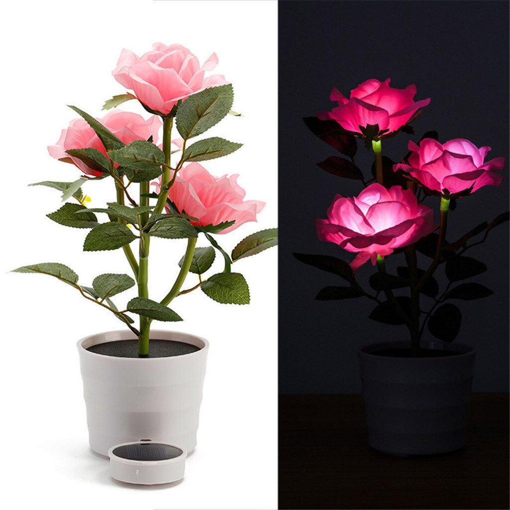 Førte kunstig plante rose altan græsplæne have bordlampe hjem dekorative sengelampe soldrevet soveværelse blomsterpotte hvid #40: Lyserød