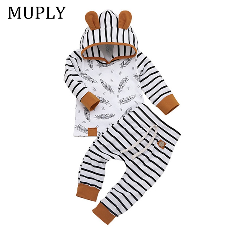 Babytøj til nyfødt baby dreng pige tøj fjer t-shirt toppe stribede bukser tøj outfits sæt vetement enfant fille