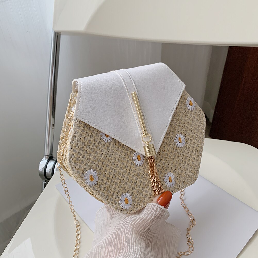 Zomer Stro Tassen Voor Vrouwen Hex-Vorm Stro + Pu Schoudertas Kwastje Rotan Strand Bohemian Crossbody Vrouwelijke reizen Keten Tas: Daisy White