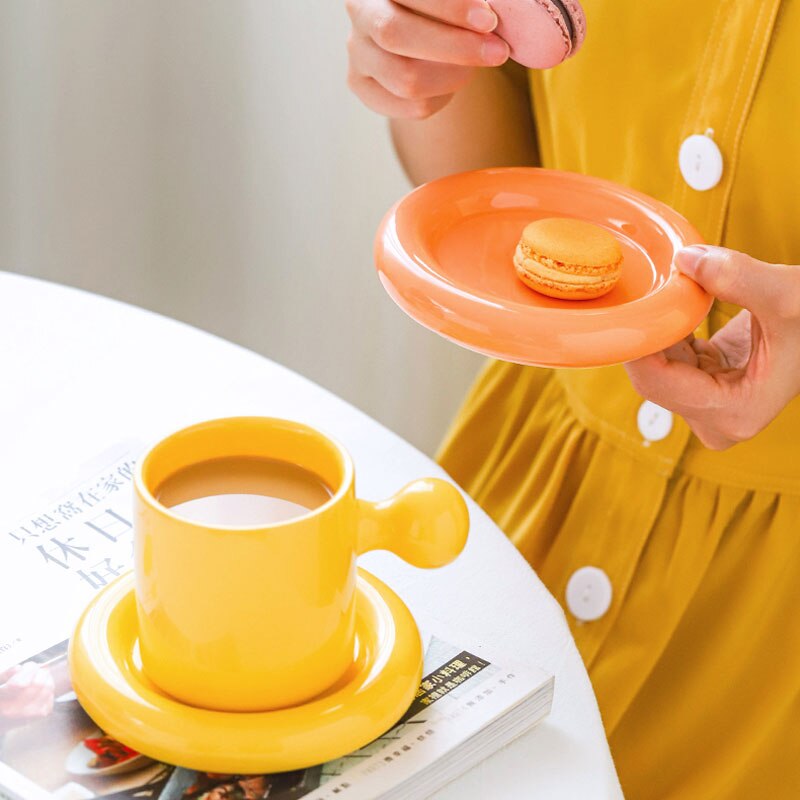 Taza con mango de bola redonda de 300ml, juego de platos, Taza de cerámica personalizada para café, té, platillo, cocina, oficina, decoración del hogar