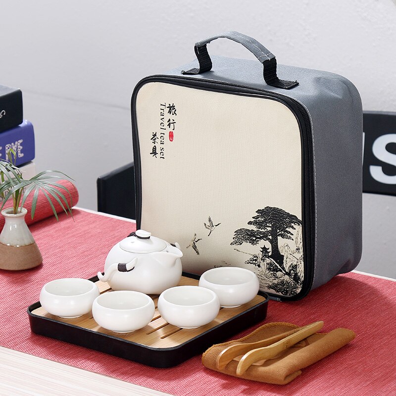 Portable Chinese Travel Kung Fu Tea Set Ceramic Teapot Porcelain Teaset Gaiwan Tea Cups of Tea Ceremony Tea Pot With Travel Bag: C-White