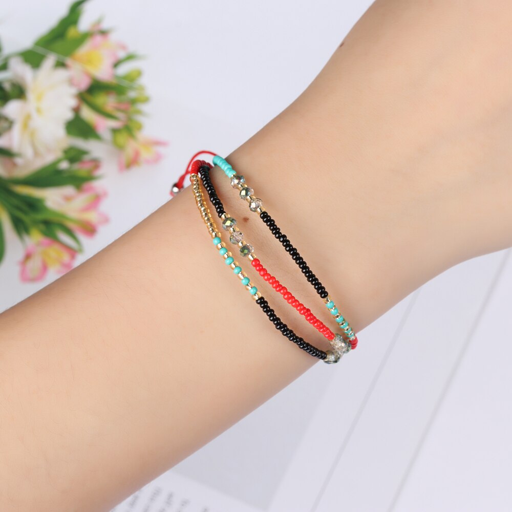 Multi-capa bohemio tejido a mano colorido tejido redondo con cuentas pulsera Retro arroz ajustable cuerda Ethnic Bracele