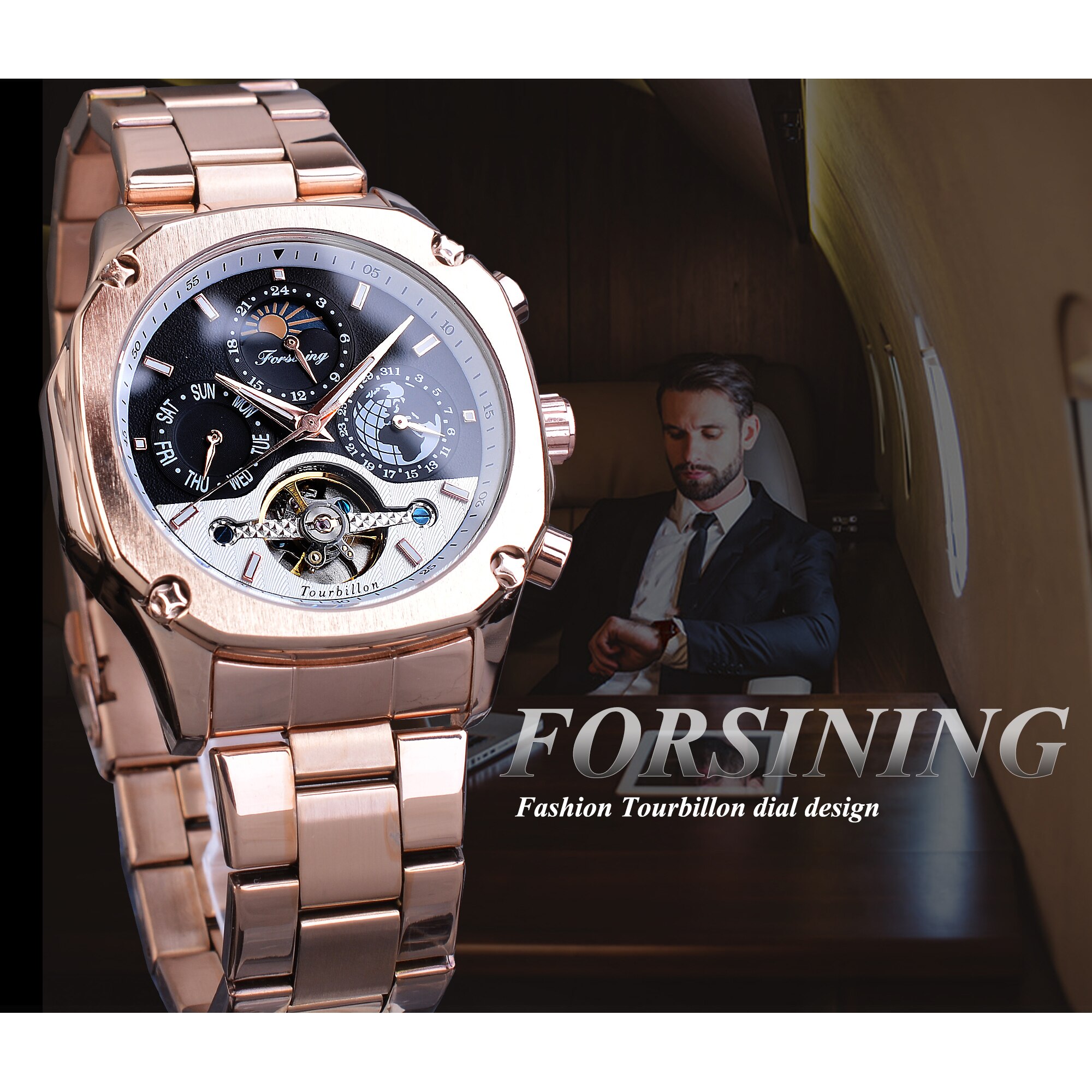 Forsining Mens Mechanische Horloges Super Grand Automatische Moonphase Tourbillon Aarde Datum Rose Gold Steel Belt Horloge Relogio