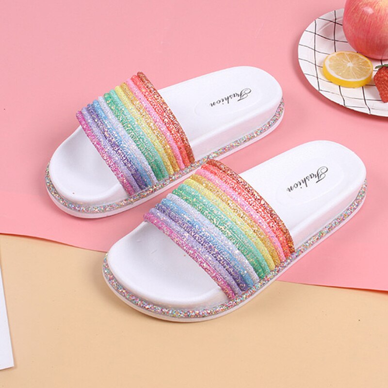 Regenboog Platte Slippers Vrouwen Bling Kleurrijke Zomer Schoenen Antislip Zachte Outdoor Strand Meisjes Slides Thuis Schoenen Dames Sandaal