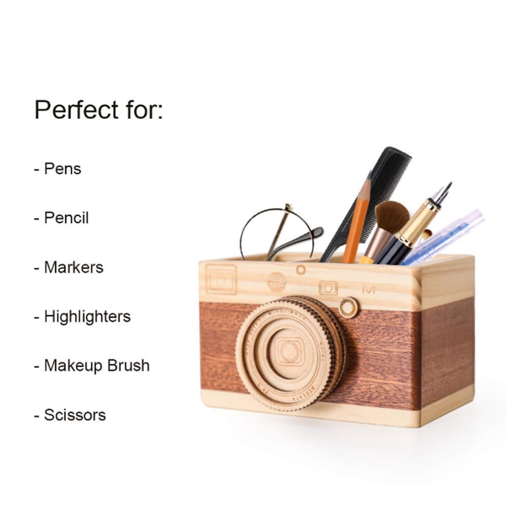 Camera Wooden Pencil Holder Home Desktop Stationarys Makeup Organizer